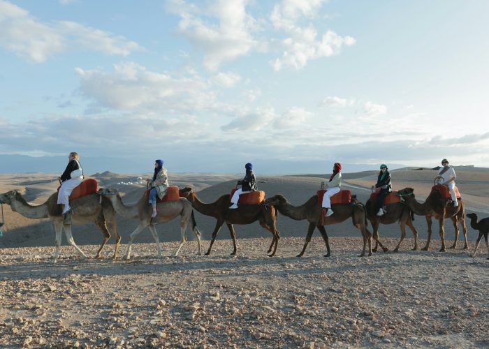 People are riding camels through the desert.