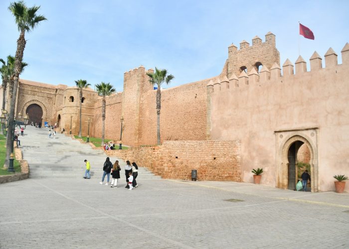 a group of people walking down a street next to a castle