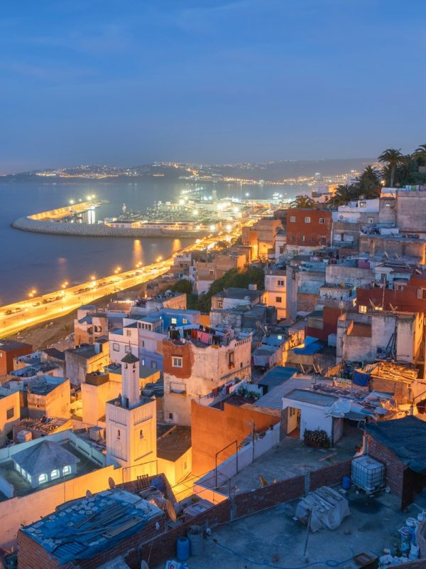 aerial view of city near body of water during night time