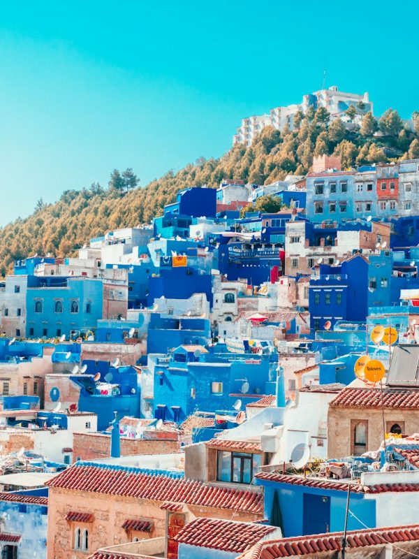 blue and white painted houses on the cliff