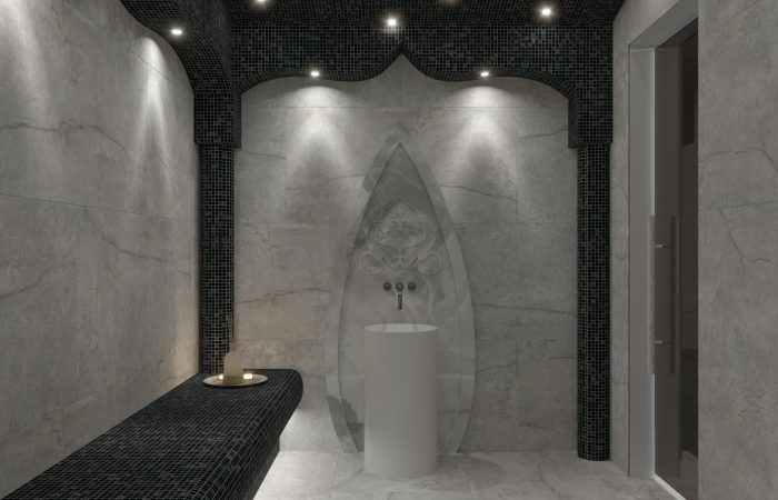 a bathroom with a white tub and a black counter